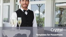  Presentation with restaurant waiter - Presentation theme consisting of silver service - handsome smiling waiter holding tray background and a gray colored foreground