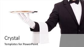  Presentation with waiter - Slide deck featuring silver service - professional waiter holding an empty background and a white colored foreground