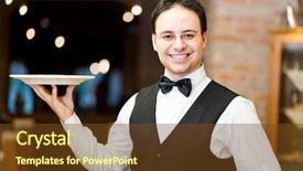  Presentation with restaurant waiter - Presentation enhanced with silver service - smiling waiter in an elegant background and a  colored foreground