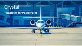  Presentation with airport runway - Slides enhanced with silver shiny airplane at runway background and a ocean colored foreground