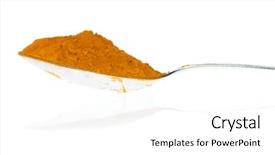  Presentation with curry powder - Beautiful presentation featuring silver spoon containing spicy curry powder on a white background backdrop and a white colored foreground