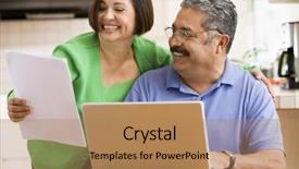  Presentation with kitchen equioment and utilises - Presentation theme having silver surfer - couple in kitchen with laptop background and a coral colored foreground