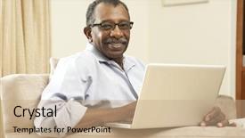  Presentation with laptop - PPT theme featuring silver surfer - senior man using laptop background and a coral colored foreground