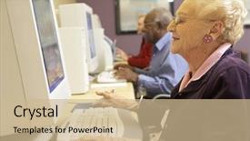  Presentation with computer - Beautiful PPT theme featuring silver surfer - senior woman using computer backdrop and a soft green colored foreground