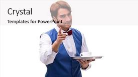  Presentation with waiter hand in white glove - Slides consisting of silver tea service - young waiter isolated on white background and a  colored foreground