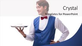  Presentation with waiter - Beautiful presentation theme featuring silver tea service - young waiter isolated on white backdrop and a  colored foreground