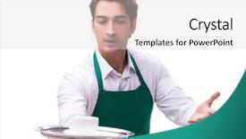  Presentation with waiter hand in white glove - Colorful PPT layouts enhanced with silver tea service - young waiter isolated on white backdrop and a  colored foreground