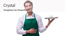  Presentation with waiter hand in white glove - Slides having silver tea service - young waiter isolated on white background and a  colored foreground