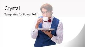  Presentation with waiter hand in white glove - PPT layouts consisting of silver tea service - young waiter isolated on white background and a white colored foreground