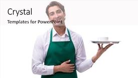  Presentation with catering waiter food event service - Slide deck consisting of silver tea service - young waiter isolated on white background and a  colored foreground