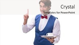  Presentation with waiter - PPT theme featuring silver tea service - young waiter isolated on white background and a  colored foreground