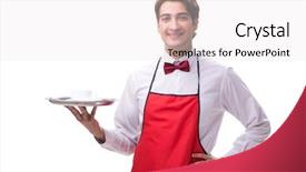  Presentation with waiter - Colorful slide set enhanced with silver tea service - young waiter isolated on white backdrop and a  colored foreground