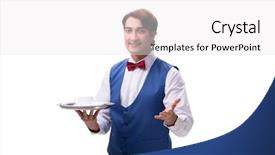  Presentation with waiter - PPT theme consisting of silver tea service - young waiter isolated on white background and a  colored foreground