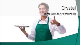  Presentation with waiter - Beautiful PPT layouts featuring silver tea service - young waiter isolated on white backdrop and a  colored foreground