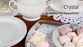  Presentation with table setting - Colorful presentation enhanced with silver tea service set - table setting on wooden table backdrop and a  colored foreground