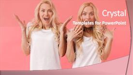  Presentation with camera - Colorful presentation design enhanced with similarity - surprised blonde twins wearing backdrop and a coral colored foreground