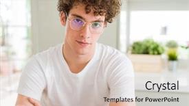  Presentation with elegant man in glasses optics - Colorful slide deck enhanced with simple and natural with cross backdrop and a  colored foreground