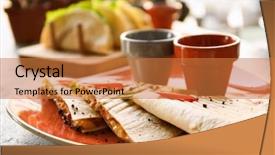  Presentation with sauces - Colorful slide set enhanced with simple boat - delicious quesadillas with sauces backdrop and a coral colored foreground