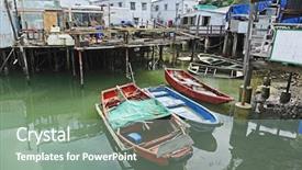  Presentation with fishing - Amazing PPT layouts having simple boat - tai o fishing village backdrop and a gray colored foreground