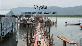  Presentation with fishing plastics bottles in the sea - Cool new theme with simple boat - thai fishing village on wooden backdrop and a  colored foreground