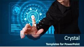  Presentation with virtual keyboard - Slide deck enhanced with virtual keyboard - young businessman pressing high tech background and a ocean colored foreground