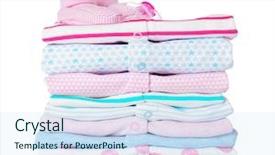  Presentation with baby clothes - PPT theme with baby shoes pile of clothes and dummy on white background background and a sky blue colored foreground