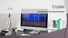  Presentation with workplace - Cool new slide set with simple data table - modern comfortable workplace with computer backdrop and a white colored foreground