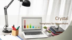  Presentation with workplace - Cool new PPT layouts with simple data table - modern comfortable workplace with laptop backdrop and a  colored foreground