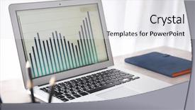  Presentation with workplace - Presentation design featuring simple data table - modern comfortable workplace with laptop background and a sky blue colored foreground