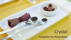  Presentation with restaurant equipment and utilises - PPT theme enhanced with simple elegant - decorative table arrangement background and a yellow colored foreground