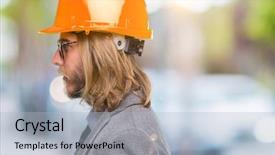  Presentation with long hair man - Slides with simple engineering - young handsome architec man background and a light blue colored foreground