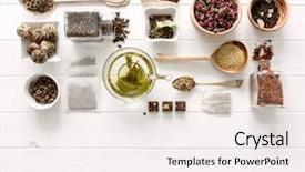  Presentation with tea collection - PPT theme enhanced with simple herbal - collection of tea and measurements background and a sky blue colored foreground