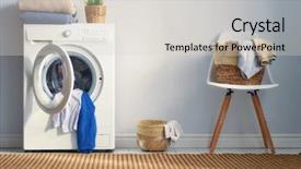  Presentation with laundry room - Colorful presentation design enhanced with simple machines - interior of a real laundry backdrop and a light gray colored foreground