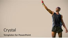  Presentation with medal - PPT theme featuring simple maroon - portrait of happy sportsman raising background and a  colored foreground