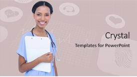  Presentation with maroon - Amazing slide deck having simple maroon - smiling female surgeon holding clipboard backdrop and a soft green colored foreground