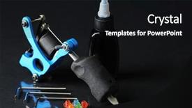  Presentation with dark simple - Presentation theme consisting of simple mechanical - tattoo machine and tattoo supplies background and a  colored foreground