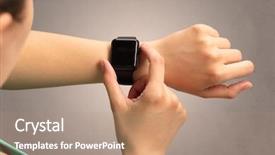  Presentation with smartwatch - Amazing PPT theme having simple tempaltes - female hand with black screen backdrop and a coral colored foreground