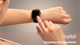  Presentation with smartwatch - Amazing PPT theme having simple tempaltes - female hand with black screen backdrop and a coral colored foreground