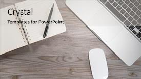  Presentation with notepad - Audience pleasing PPT theme consisting of simple tempaltes - old wooden office table backdrop and a light gray colored foreground