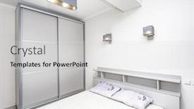  Presentation with closet - Audience pleasing PPT layouts consisting of simple white bedroom interior with large bed and closet backdrop and a light gray colored foreground