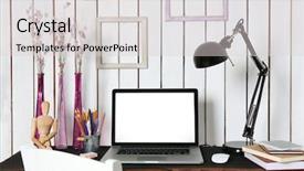  Presentation with workplace - Colorful slide set enhanced with simple white purple - stylish workplace at home indoors backdrop and a lemonade colored foreground