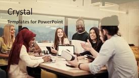  Presentation with virtual team meeting - Slides having simulation - multiethnic business team using virtual background and a  colored foreground