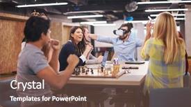  Presentation with virtual team meeting - Slide set enhanced with simulation - multiethnic business team using virtual background and a  colored foreground