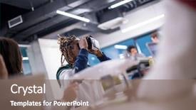  Presentation with virtual team meeting - Cool new PPT theme with simulation - multiethnic business team using virtual backdrop and a  colored foreground