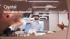  Presentation with virtual team meeting - Amazing presentation design having simulation - multiethnic business team using virtual backdrop and a  colored foreground