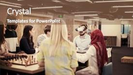  Presentation with virtual team meeting - PPT theme enhanced with simulation - multiethnic business team using virtual background and a  colored foreground