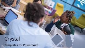  Presentation with virtual team meeting - Amazing slide deck having simulation - multiethnic business team using virtual backdrop and a  colored foreground