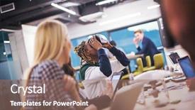  Presentation with virtual team meeting - Beautiful PPT theme featuring simulation - multiethnic business team using virtual backdrop and a  colored foreground