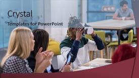  Presentation with virtual team meeting - Slides enhanced with simulation - multiethnic business team using virtual background and a light blue colored foreground