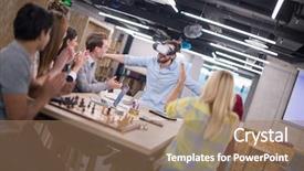  Presentation with virtual team meeting - PPT layouts having simulation - multiethnic business team using virtual background and a coral colored foreground